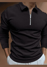 Men's solid color zipper striped long-sleeved POLO shirt1